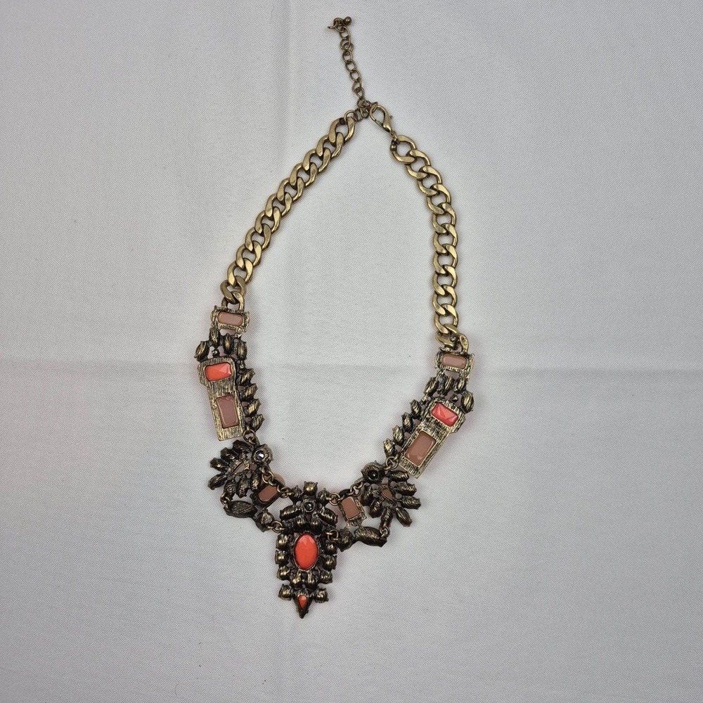 Statement‎ Bib Necklace Coral Peach Beaded Gold Tone Chunky Retro Glam Party 18" - Picture 8 of 9